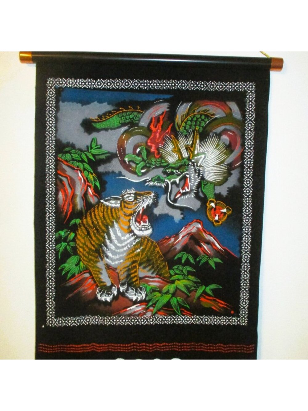 Vintage 2003 Japan Scroll Black Velvet Calendar dragon Tiger Art Hanging Decor